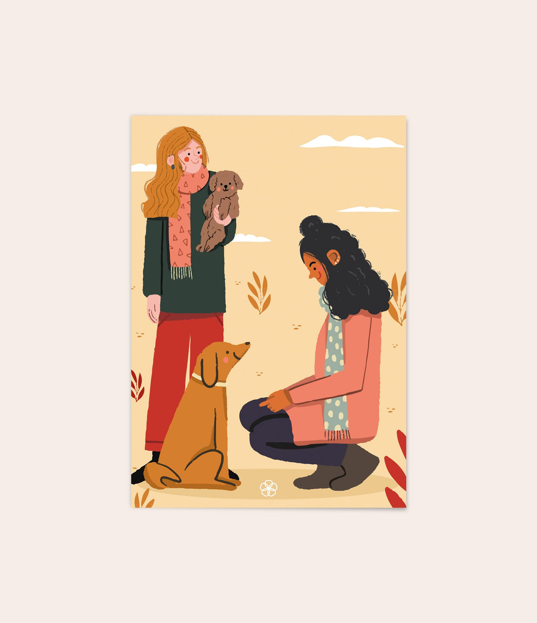 Illustration zweier Frauen mit Hunden in einer ruhigen Szene, die Nähe, Abschied und mitfühlende Begleitung in Zeiten der Trauer symbolisiert.