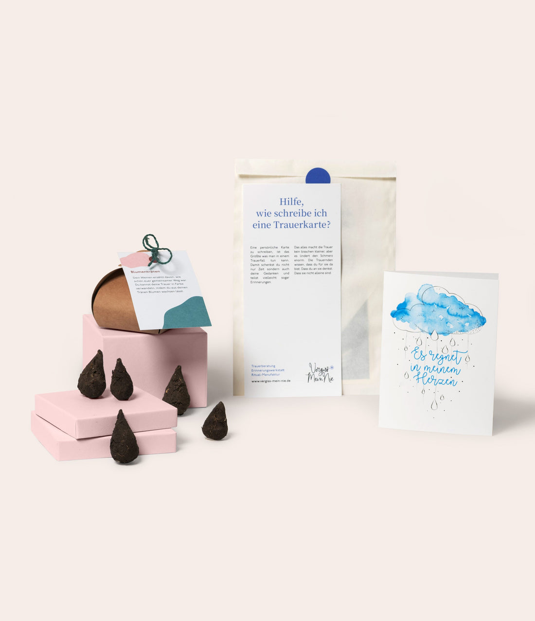 Trauergeschenkset "Blumentränen im Regen" - Vergiss Mein Nie